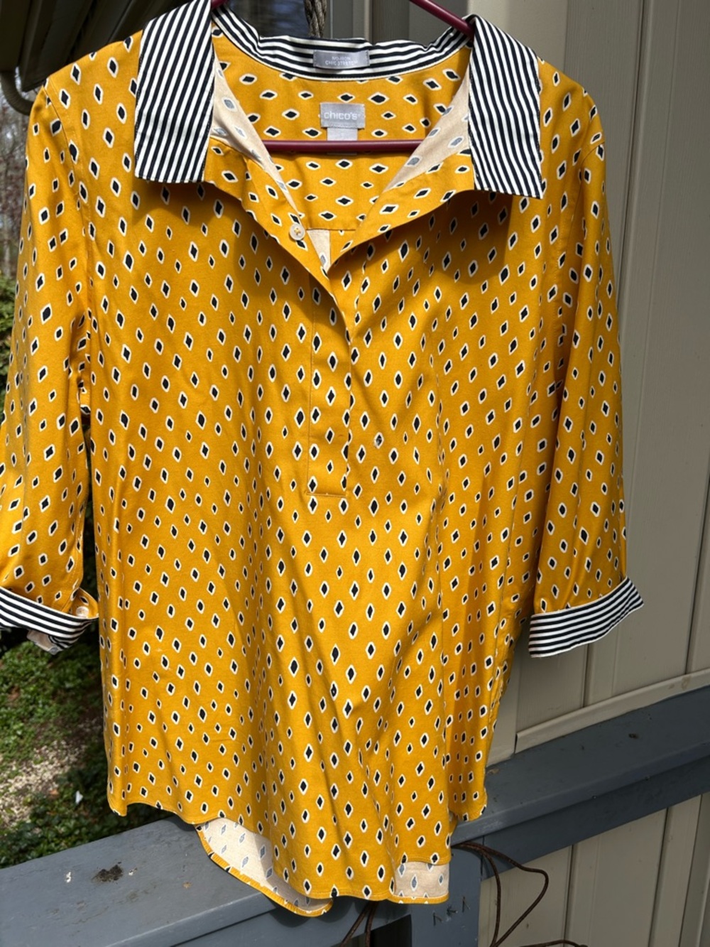 Chico's Yellow Diamond Print Blouse with Striped Collar